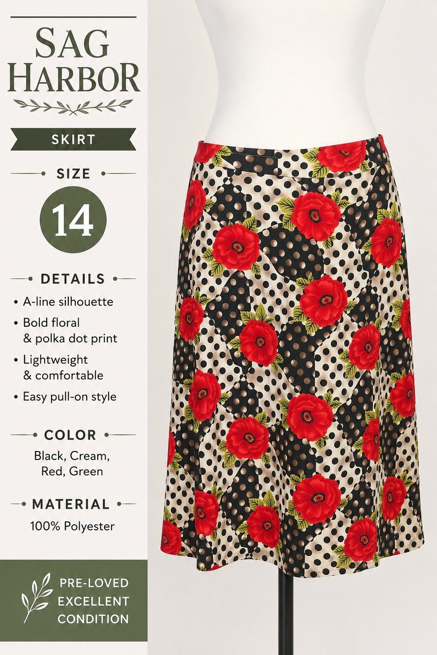 108-Sag Harbor Women’s Size 14 Floral Polka Dot A-Line Skirt 100% Polyester